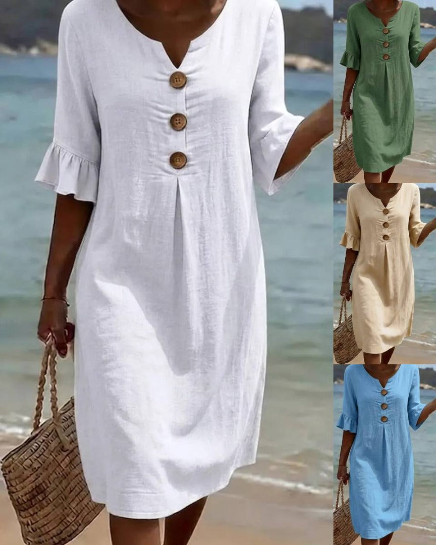 【S-3XL】Vestido de mujer de algodón y lino con mangas abullonadas y botones