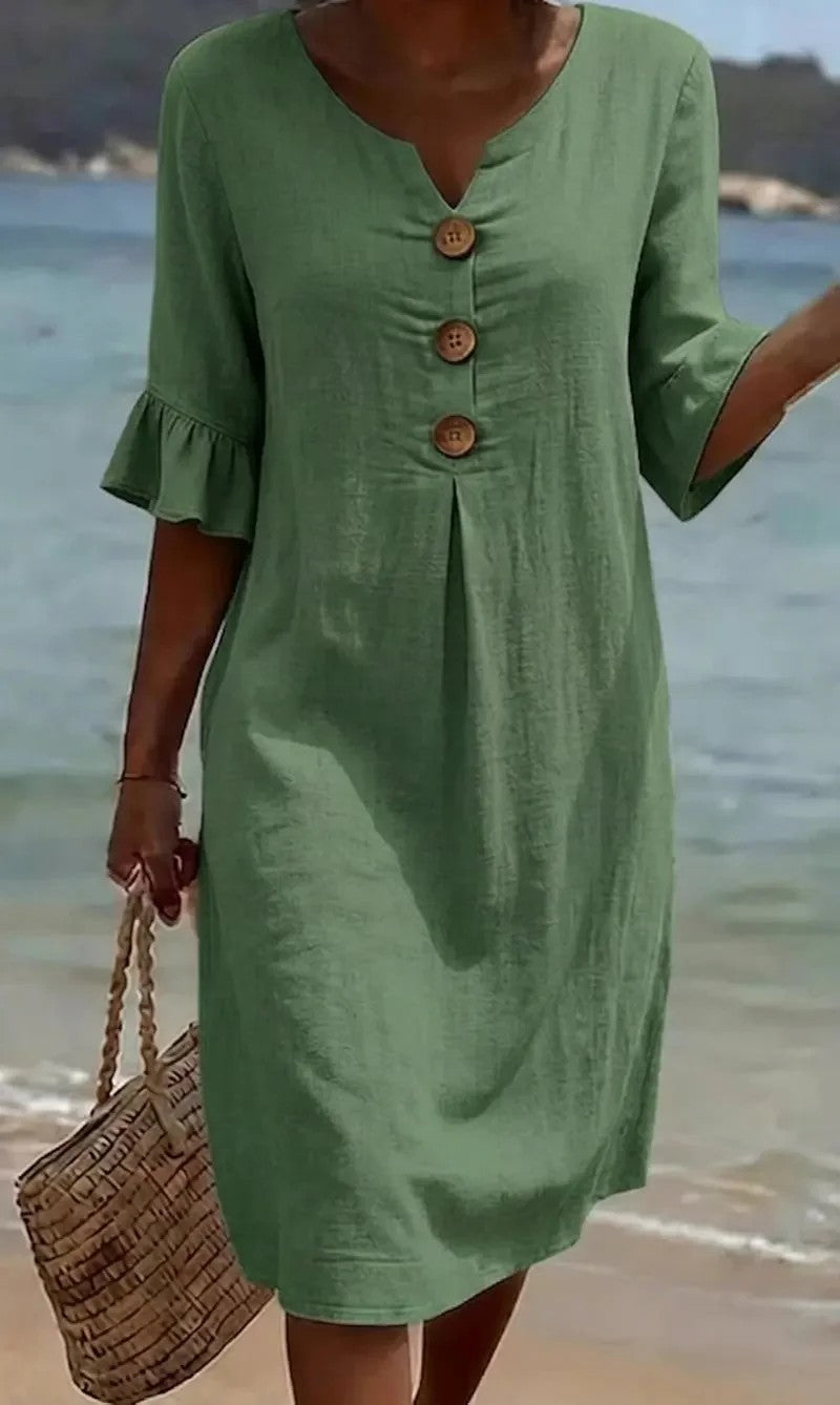 【S-3XL】Vestido de mujer de algodón y lino con mangas abullonadas y botones