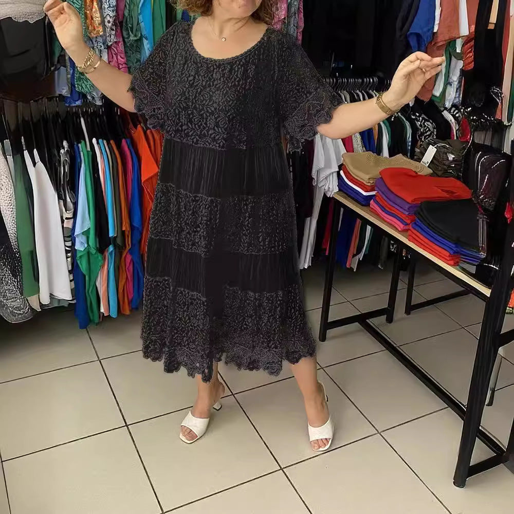 【S-5XL】Nuevo vestido de manga corta para 2026, con cuello redondo y encaje.