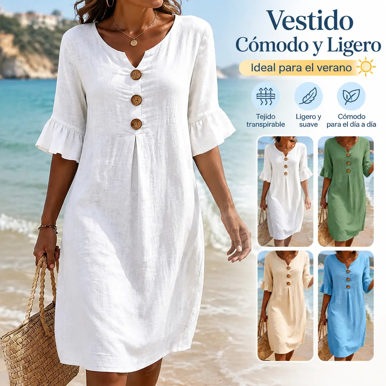 【S-3XL】Vestido de mujer de algodón y lino con mangas abullonadas y botones