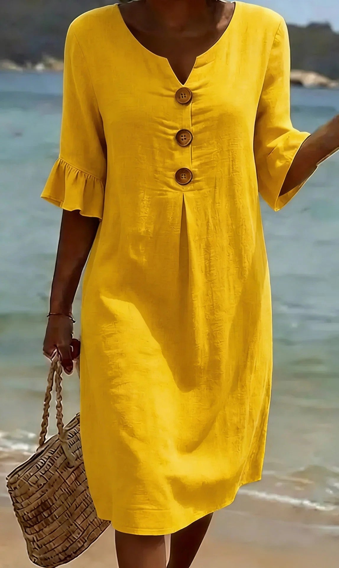 【S-3XL】Vestido de mujer de algodón y lino con mangas abullonadas y botones