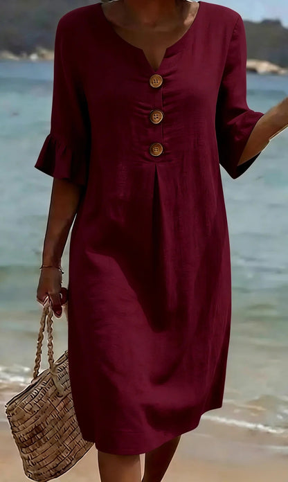 【S-3XL】Vestido de mujer de algodón y lino con mangas abullonadas y botones