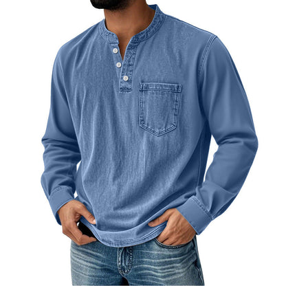 【40-120 kg】Camisa vaquera para hombre de manga larga, cuello en V y bolsillo