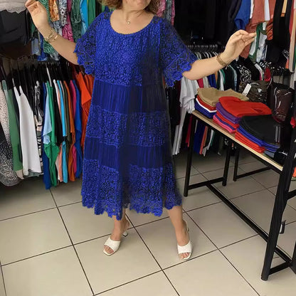【S-5XL】Nuevo vestido de manga corta para 2026, con cuello redondo y encaje.