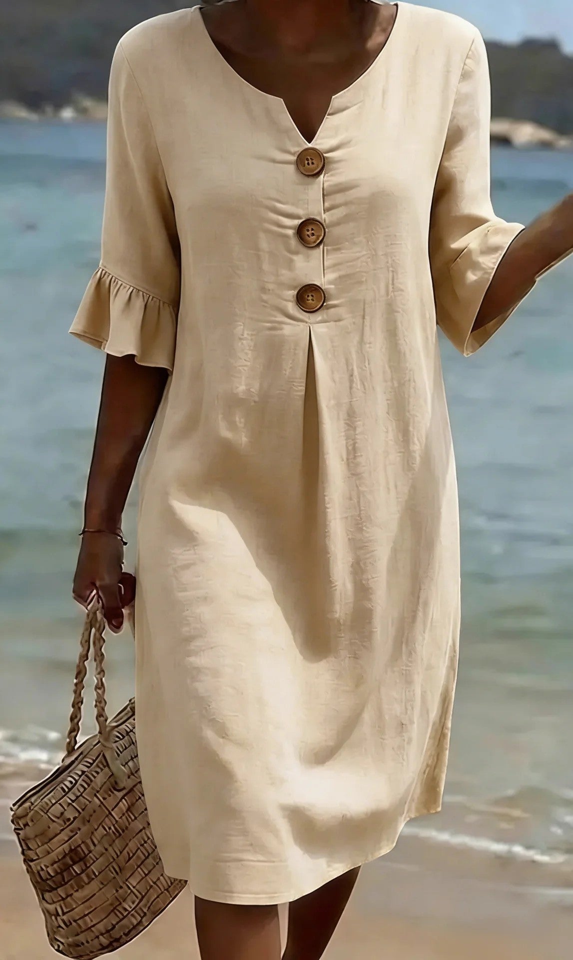 【S-3XL】Vestido de mujer de algodón y lino con mangas abullonadas y botones