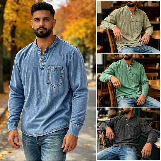 【40-120 kg】Camisa vaquera para hombre de manga larga, cuello en V y bolsillo