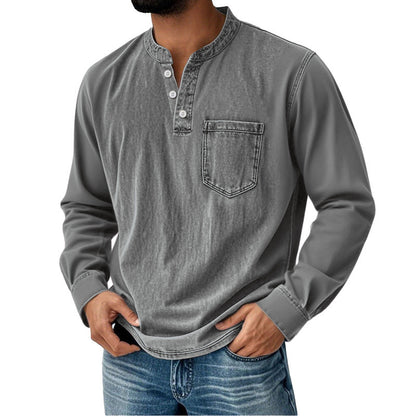 【40-120 kg】Camisa vaquera para hombre de manga larga, cuello en V y bolsillo