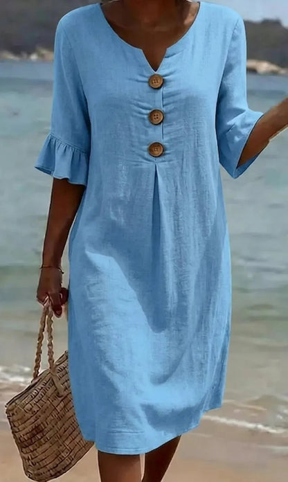【S-3XL】Vestido de mujer de algodón y lino con mangas abullonadas y botones