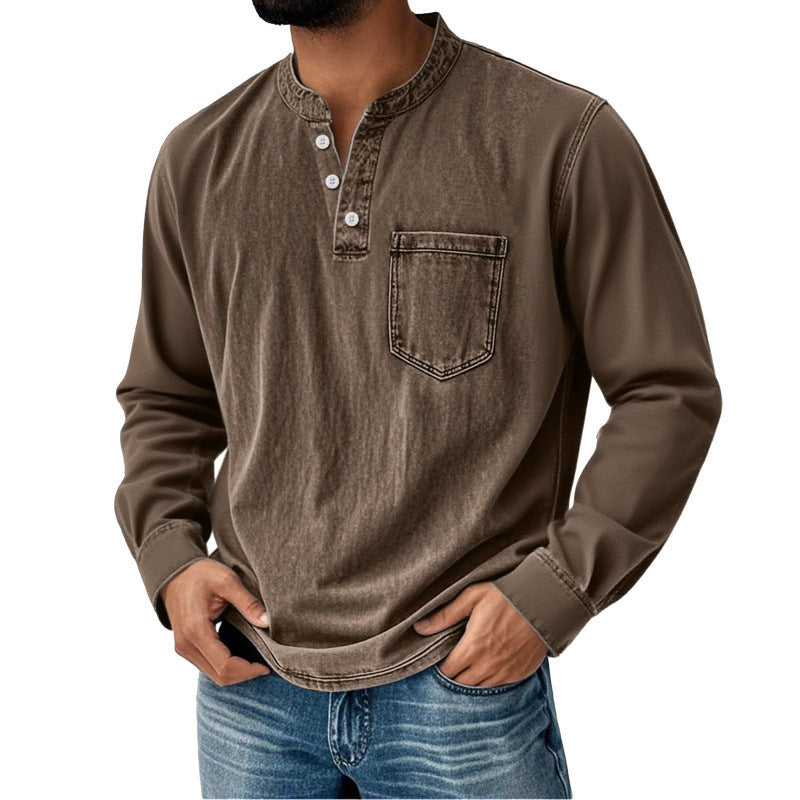 【40-120 kg】Camisa vaquera para hombre de manga larga, cuello en V y bolsillo