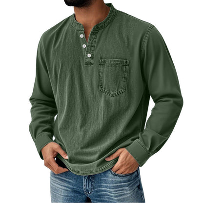 【40-120 kg】Camisa vaquera para hombre de manga larga, cuello en V y bolsillo