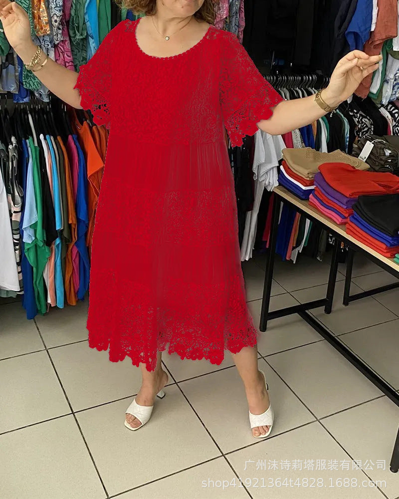 【S-5XL】Nuevo vestido de manga corta para 2026, con cuello redondo y encaje.