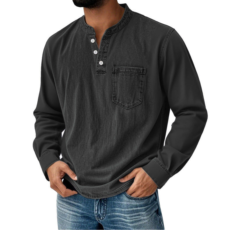 【40-120 kg】Camisa vaquera para hombre de manga larga, cuello en V y bolsillo