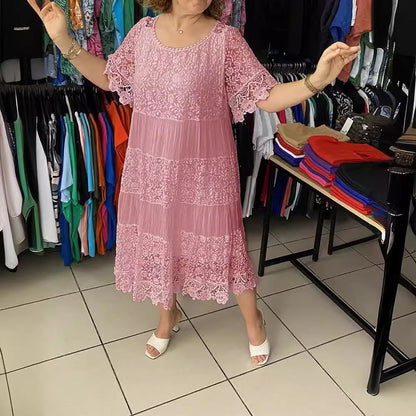 【S-5XL】Nuevo vestido de manga corta para 2026, con cuello redondo y encaje.