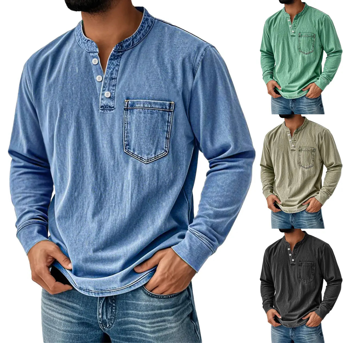 【40-120 kg】Camisa vaquera para hombre de manga larga, cuello en V y bolsillo