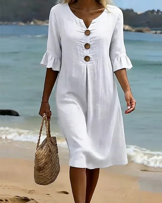 【S-3XL】Vestido de mujer de algodón y lino con mangas abullonadas y botones