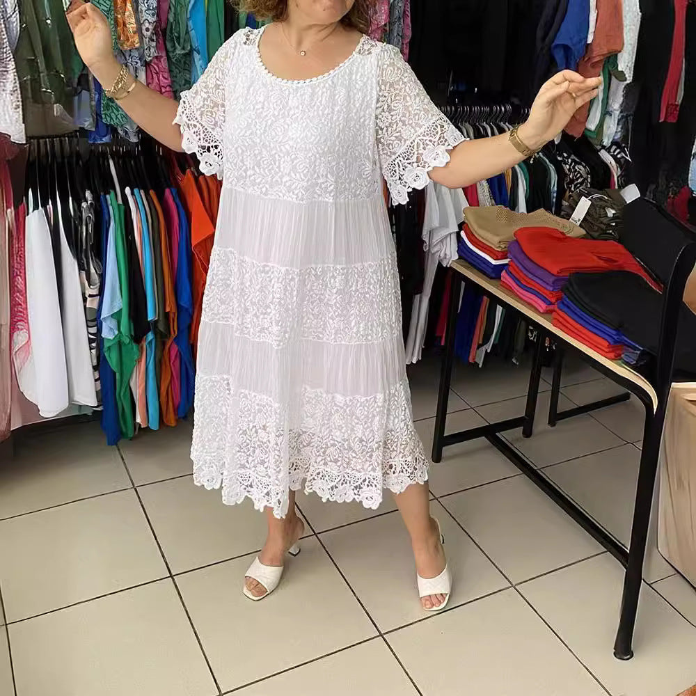 【S-5XL】Nuevo vestido de manga corta para 2026, con cuello redondo y encaje.