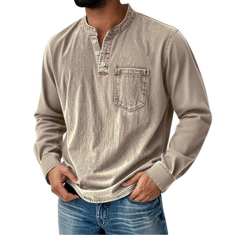 【40-120 kg】Camisa vaquera para hombre de manga larga, cuello en V y bolsillo
