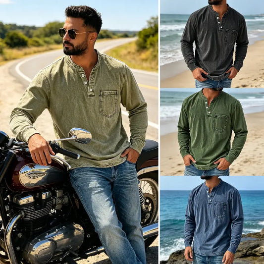 【40-120 kg】Camisa vaquera para hombre de manga larga, cuello en V y bolsillo