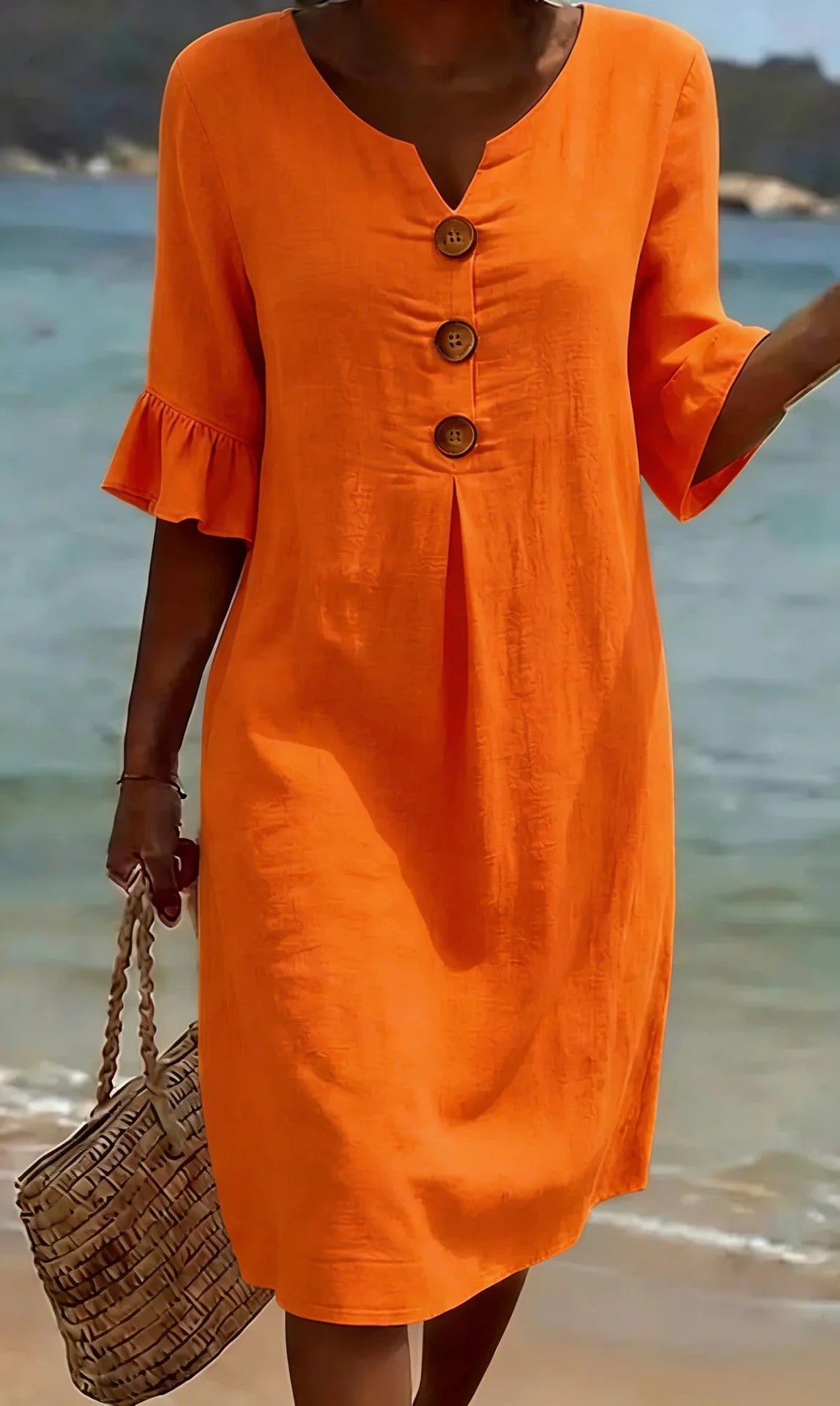 【S-3XL】Vestido de mujer de algodón y lino con mangas abullonadas y botones